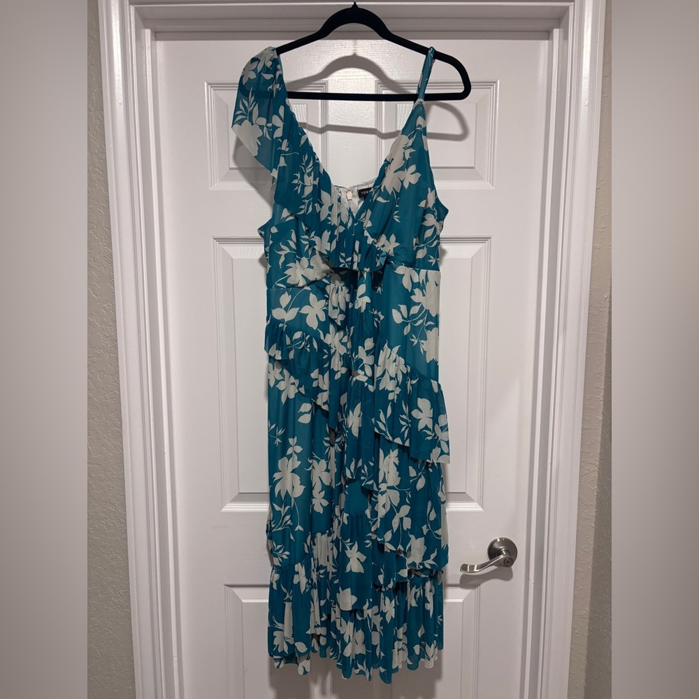 Torrid Size 3 3X Teal Floral One Shoulder Ruffle Tiered Maxi Dress Plus